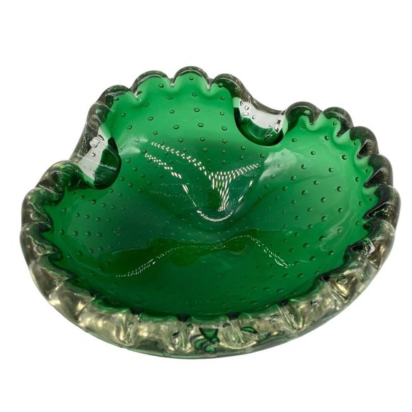 Murano MCM Handblown Bullicante Emerald Green Glass Ashtray/Bowl - Picture 1 of 12